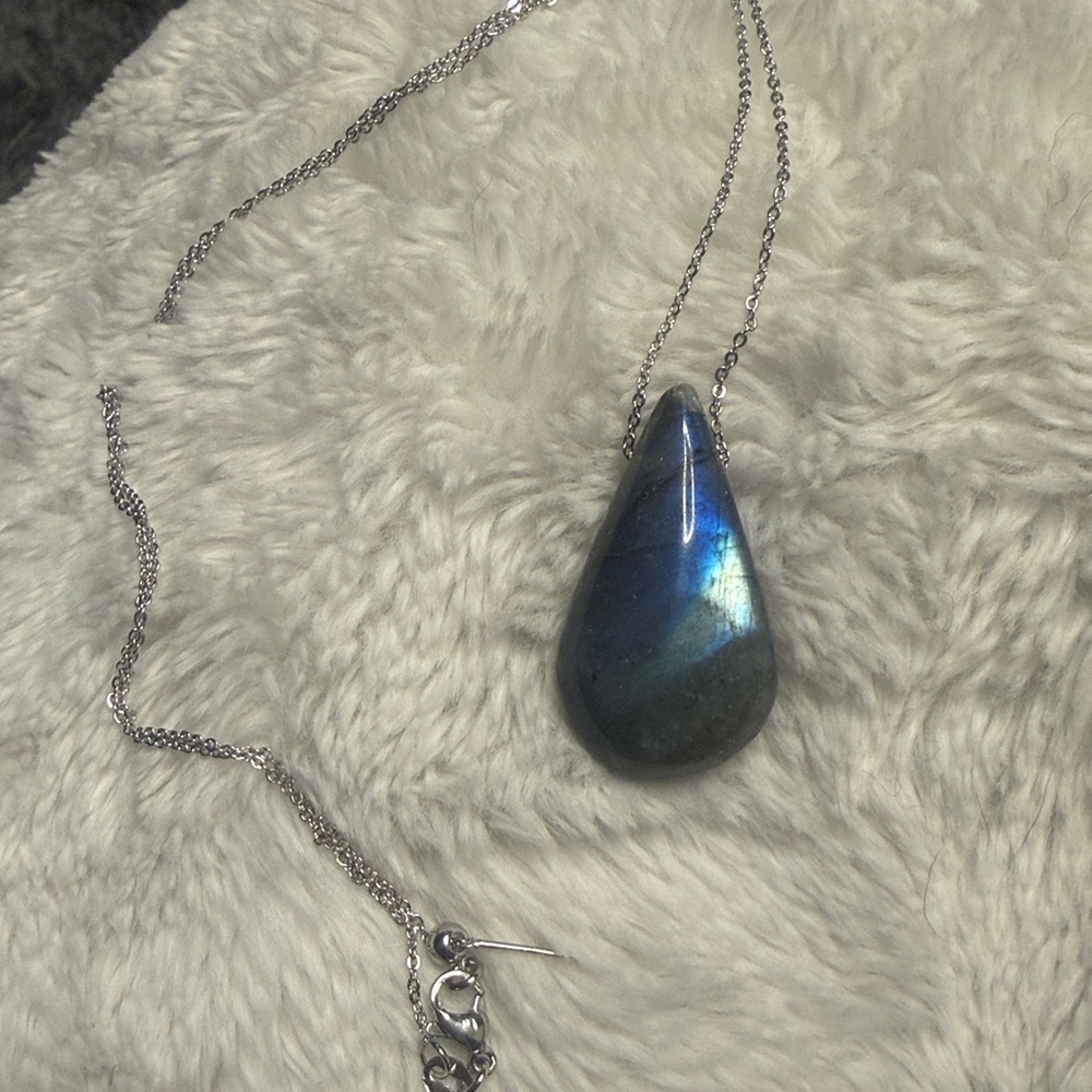 Labradorite Teardrop Floating Pendant Necklace - 18kGP Chain 24in - Picture 2 of 3